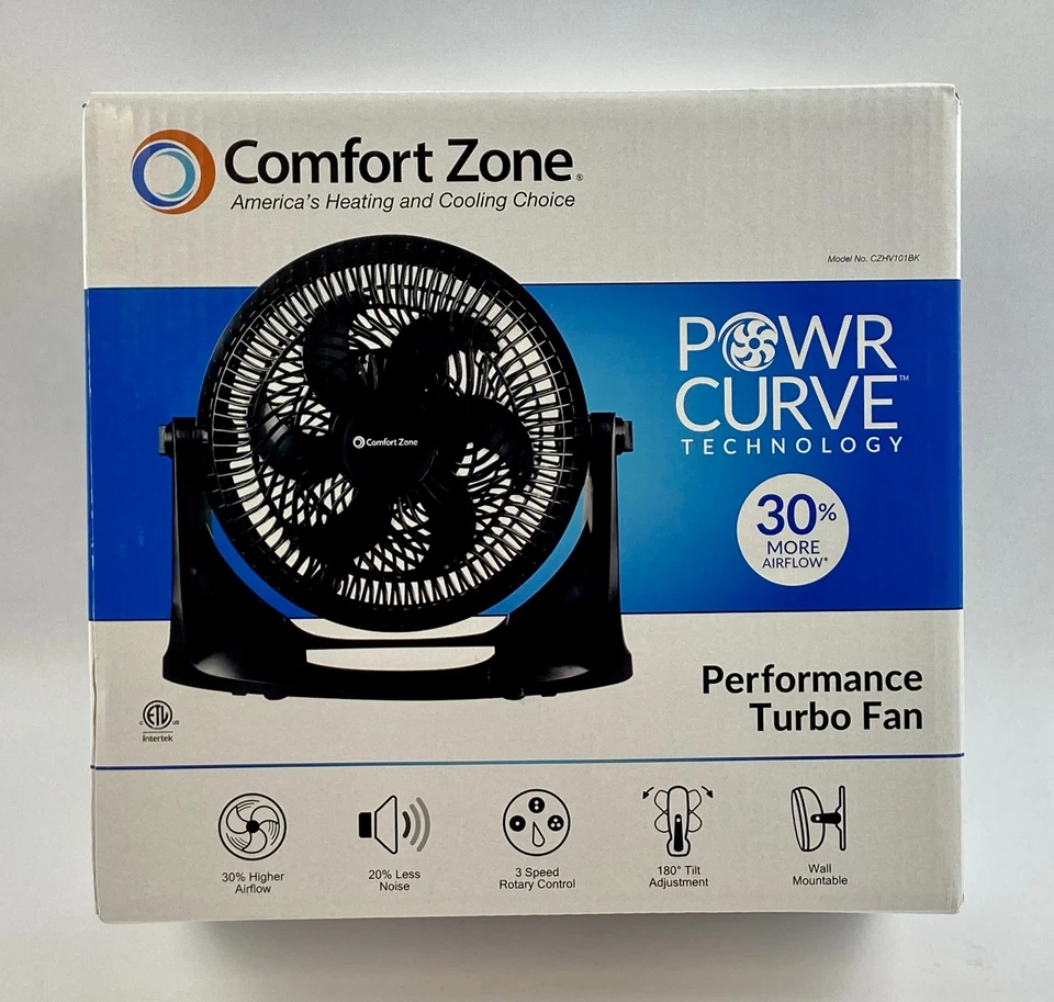 Comfort Zone Turbo Fan Wall Mountable Power Curve 3-Speed Black CZHV101BK - Image 1 of 3