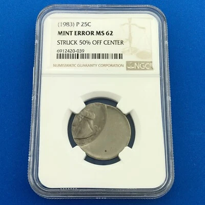 1983 P Washington Clad Quarter Mint Error Struck 50% Off Center NGC MS62 - Image 1 of 4
