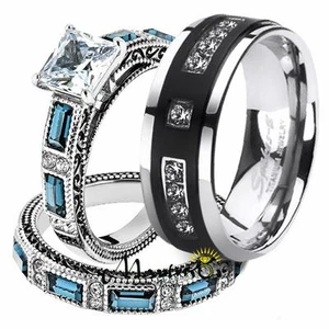 His & Her 3-teiliges Edelstahl 2,60 Ct Cz Braut Set & Herren Titan Hochzeitsband - Bild 1 von 9