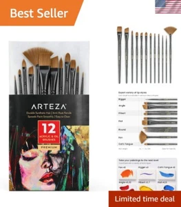 Set of 12 Premium Synthetic Paint Brushes with Brass Ferrules & Wooden Handles - Picture 1 of 10