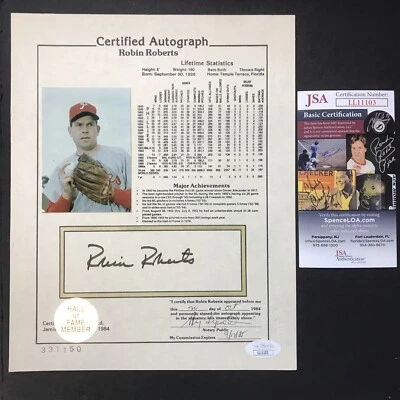Robin Roberts MLB Phillies AMERICAN SPORTS COLLECTIBLES STAT SHEET JSA CERTIFIED - Image 1 of 4
