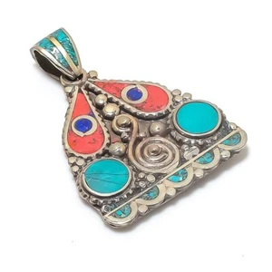 Tibetan Turquoise, Coral Gemstone 925 Sterling Silver Jewelry Pendant 2.17" u295 - Picture 1 of 3