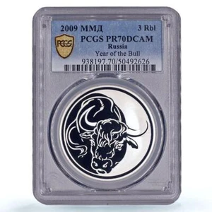 Russia 3 roubles Lunar Calendar Year of the Bull Ox PR70 PCGS silver coin 2009 - Picture 1 of 2