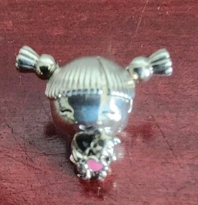 PANDORA 925 STERLING SILVER PIGTAIL HAIR GIRL PINK HEART ENAMEL TEDDY BEAR CHARM - Picture 1 of 6