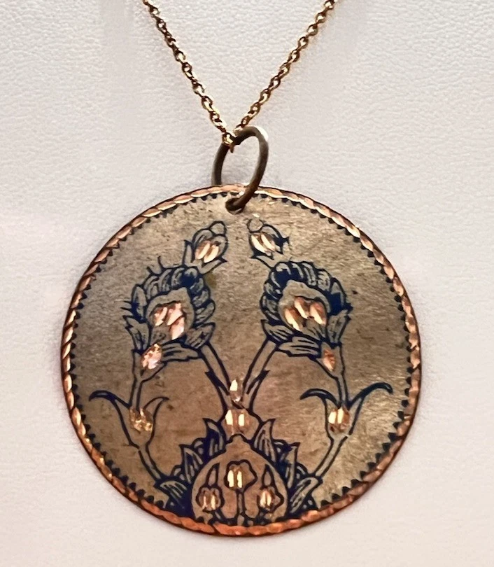 Diamond Cut Pendant For Necklace With Copper Blue Enamel Flowers- Vintage Estate - Image 1 of 4