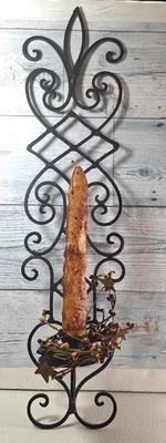 Primitive Wrought Iron Wall Candle Sconce Holder Hanging Wall Black Berries Tin - Image 1 of 4