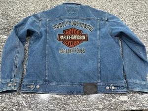 Vintage Y2K Harley Davidson Denim Trucker Jacke Orange Shield XL - Bild 1 von 13