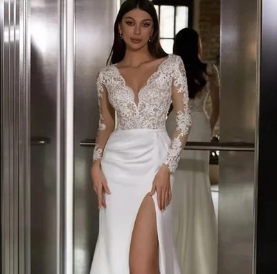 Moda Apliques Vestidos de Boda Encaje Mangas Largas Nupcial Cuello en V Barrido Tren Foto 1 de 4