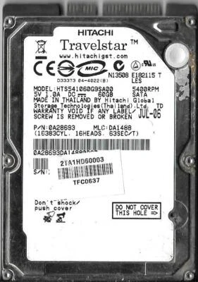Hitachi HTS541060G9SA00 60GB Sata Hard Drive P/N: 0A28693  MLC: DA1488 - Image 1 of 2