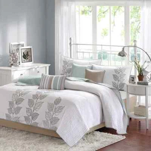 NEW! ~ ELEGANT CHIC BROWN TAUPE LIGHT BLUE AQUA WHITE LEAF MODERN QUILT SET - Picture 1 of 6