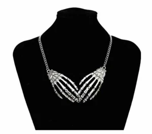 ** NEW Gothic Punk Skull Hands Necklace Silver Skeleton Pendant Choker US Seller - Picture 1 of 10