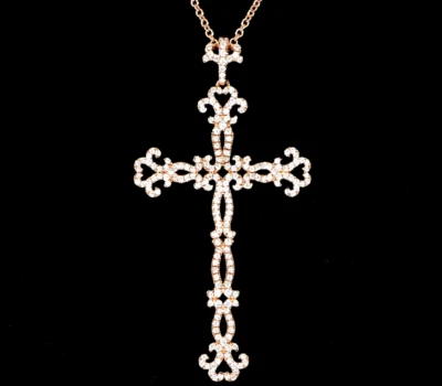 $3,650 H de B Collar Cadena Colgante Religioso Cruz Diamante Redondo Oro Rosa 14K Foto 1 de 4