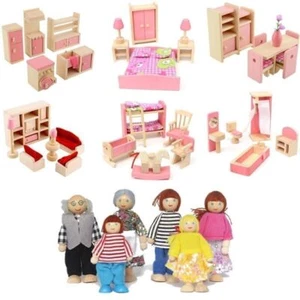 Family Dolls Playset Wooden Figures Furniture for Children House Pretend Gift - Picture 1 of 7