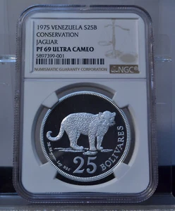 1975 VENEZUELA S25B CONSERVATION JAGUAR NGC PF69 ULTRA CAMEO SILVER COIN - Picture 1 of 4