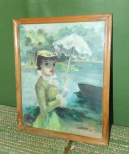 Vintage Framed Oil Painting Parisian French Victorian Lady Parasol C Bieser 1954 - Picture 1 of 9