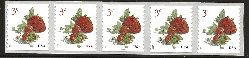 US Scott #5201, Plate #P1111 Coil of 5 2017 Strawberries 3c VF MNH - Image 1 of 1