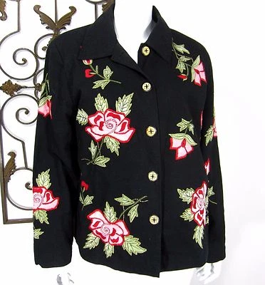 DRESSBARN Button Down Lined EMBROIDERED BLAZER SIZE L Large BLACK  Foto 1 de 4