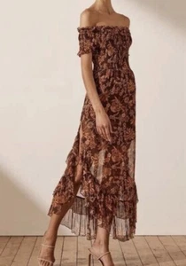 Shona Joy Angelita Off The Shoulder Midi Dress Size 6 Brown Floral Shirred - Picture 1 of 11