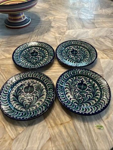 Spanish Fajalauza Pottery Bowl J E Arco Spain  Blue Pomegranate Set 4 Plates - Picture 1 of 6