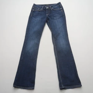 Pantalones de mezclilla elásticos azules de tiro bajo lavados oscuros plateados Suki ajustados talla 28 x 33 - Imagen 1 de 10