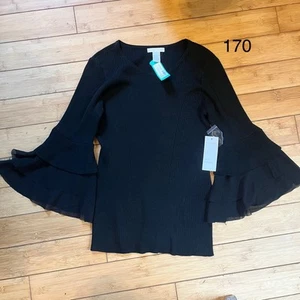 NWT Stitch Fix Black Design Store Woven Sleeve Knit Top Smocked Sleeves XL - Picture 1 of 9