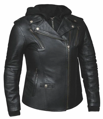 Ladies Black Lambskin Jacket with Removable Black Hoodie (LB6841) - Image 1 of 3