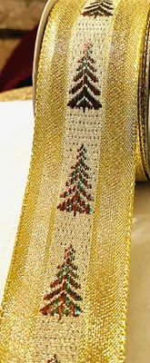 Christmas Trees 1.5" by 3 yd Gold Metallic Woven Wired Ribbon Winter Iridescent - Image 1 of 4
