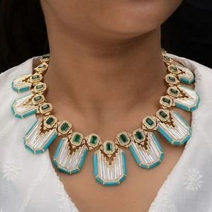 80.36 TCW SI/H Diamond Emerald Turquoise Mother of Pear Necklace 18k Yellow Gold - Picture 1 of 9