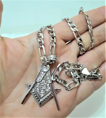 Pequeño collar de hip hop con cadena de eslabones de plata colgante símbolo masónico G Foto 1 de 2