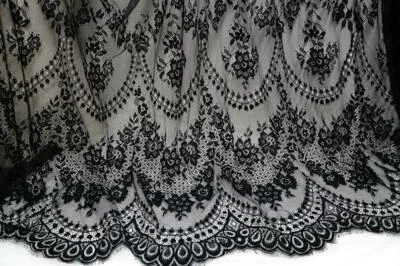 Black Chantilly Scalloped Embroidery Eyelash Lace Fabric DIY Wedding Bride Dress - Image 1 of 4