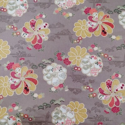 Tela de algodón floral vintage de inspiración asiática de 1,5 yardas x 41" de ancho marrón claro Foto 1 de 3