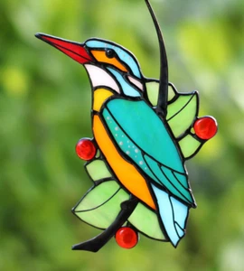 TURQUOISE & RED KINGFISHER Stained Glass Suncatcher AUSTRALIAN BIRD DESIGN GIFTS - Picture 1 of 24