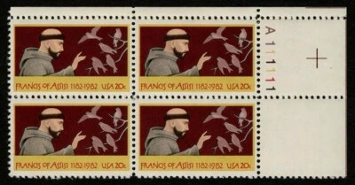 US 1982 #2023 Francis of Assisi 20c Plate Block of 4 Mint NH MNH - Image 1 of 2