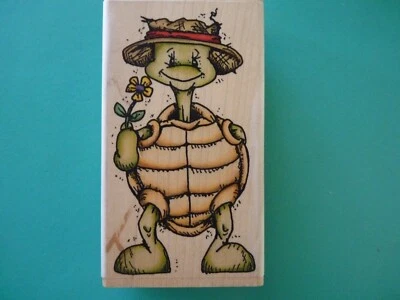 Whimsical Cartoon Turtle in Hat Holding Flower WHIPPER SNAPPER Rubber Stamp - Image 1 of 2