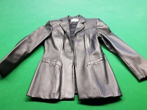 Ease Women Black Leather Look Jacket Zip Collared Lined Tailored Size L12 EU 40 - Picture 1 of 3
