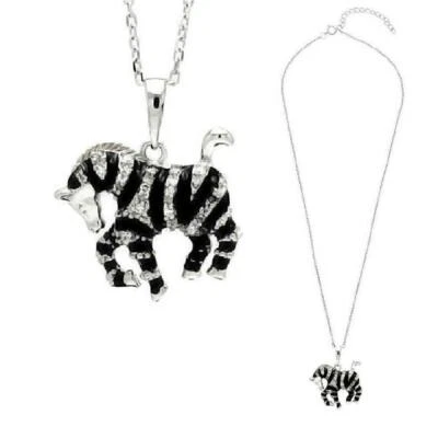 Sterling Silver Necklace w/ Black Enamel Stripes & CZ Stones Zebra Horse Pendant - Image 1 of 4