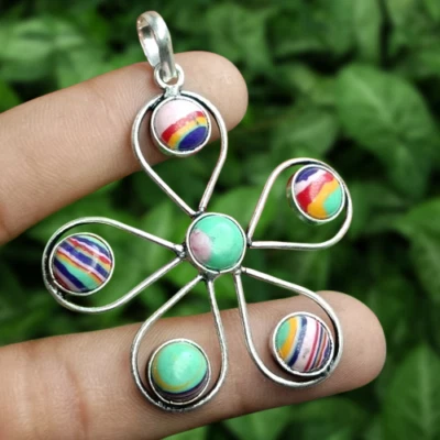 Colgante étnico arco iris calsilica piedras preciosas 1 pieza flor plata 925 joyería Foto 1 de 4
