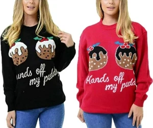 Ladies Long Sleeve Hands Off Puddings Christmas Knitted Jumper Xmas Sweater Top - Bild 1 von 5