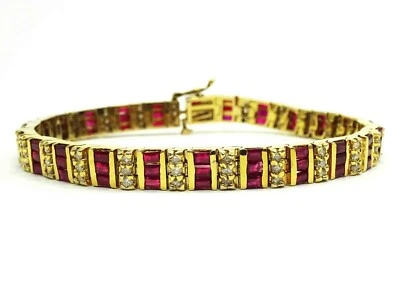 Natural Heat Treated Ruby & Diamond Link Bracelet 14k Gold 7.25" - Image 1 of 4