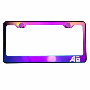 Polish Neo Neon Chrome License Plate Frame A6 Laser Etched Metal Screw Cap - Picture 1 of 8