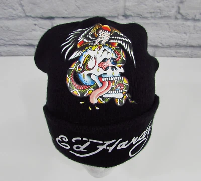 Rare Ed Hardy Black Hat Beanie Y2K Tattoo Skull Snake VGC - Image 1 of 4