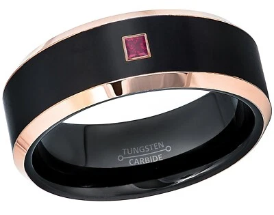 Anillo de boda de tungsteno biselado de 2 tonos de 8 mm con anillo de rubí corte princesa de 0,05 quilates #781 Foto 1 de 2