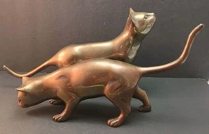 VTG Pair Bronze Cat Kitten Figurines Sculpture Statute Art Deco Style - Picture 1 of 24