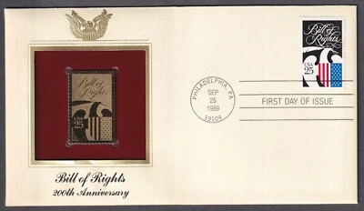 BILL OF RIGHTS 22KT GOLD REPLICA UNITED STATES STAMP COVER PHILADELPHIA PA 🌈⭐🌈 - Image 1 of 2