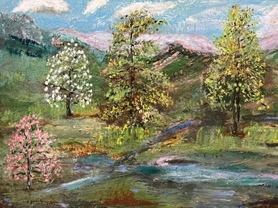Arte de pintura al óleo original vintage paisaje montaña paisaje arroyo árboles Foto 1 de 4