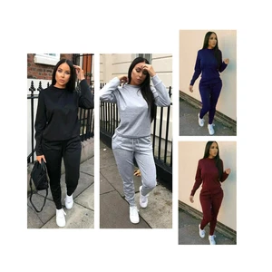 Women's Long Sleeve Plain Lounge Wear Set Casual Comfy 2 Piece Ladies Tracksuit - Picture 1 of 9