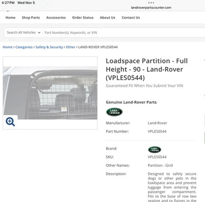 Partição Land-Rover 2020-23 Defender Loadspace genuína - altura total 90 VPLES0544 - Imagem 1 de 2