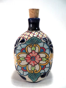 Decanter Bottiglia Sughero Liquore Floreale Blu Cobalto Arancione Giallo Gres Firmato 8" - Foto 1 di 5