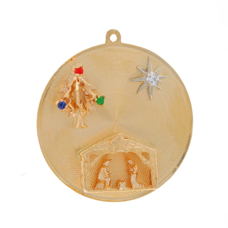 Yellow Gold Lab Created Coral Sapphire Chalcedony Nativity Charm - 14k Christmas - Image 1 of 4