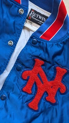 RARO New York Mets 80s BUTWIN jaqueta bombardeiro de cetim S azul laranja MLB beisebol vintage - Imagem 1 de 4